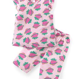 Babyhug Cotton Knit Flutter Sleeves Capri Night Suit With Strawberry Print - Pink-picture-4