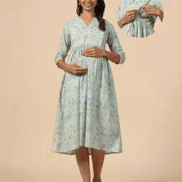 CRAFIQA Three Fourth Sleeves Floral  Printed Maternity Dress With Concealed Zipper Nursing Access - Sea Blue-picture-30