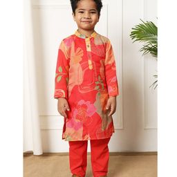 READIPRINT Full Sleeves Floral Printed Kurta & Pyjama - Red-image-2