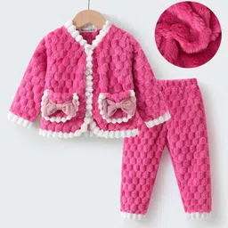 Kookie Kids Winter Wear Full Sleeves Night Suit with Bow Applique - Fushcia-picture-18