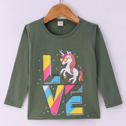 Olio Kids Cotton Knit Full Sleeves Winter T-Shirt with Unicorn & Text Print - Olive Green-picture-9