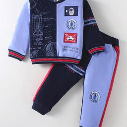 ToffyHouse Knitted Full Sleeves T-Shirt & Lounge Pant Set with Space Theme Prints & Patch Work - Blue & Navy Blue-image-50