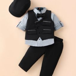 Robo Fry Knit Full Sleeves Solid Colour 3 Piece Party Suit with Bow & Hat - Black-picture-9