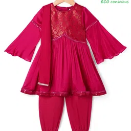 Babyoye Cotton Blend Woven Full Sleeves Solid Dyed Floral Embroidered Kurti & Salwar Set with Dupatta - Dark Pink-picture-22