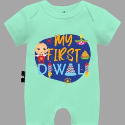 The Peppy Tend Diwali Theme 100% Cotton Half Sleeves My First Diwali Text Printed Half Romper - Sea Green-picture-27