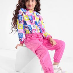Ollington St. 100% Cotton Full Sleeves Floral & Butterfly Printed Top & Solid Color Cargo Joggers- White Blue & Pink-image-102