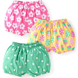 Babyhug Single Jersey Knit Bloomers With Floral Polka Dot & Ice Cream Print Pack of 3 - Yellow Green & Pink-image-88