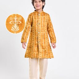 EARTHY TOUCH Woven Full SleevesKurta Pyjama Set with Floral Print - Mustard-image-44