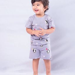 Orange Sugar 100% Cotton Knit Half Sleeves Penguin Printed Tee & Coordinating Shorts Set - Grey-image-89