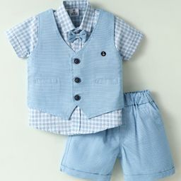 Mini Taurus Sinker Knit Half Sleeves 3 Piece Party Suit with Bow & Anchor Embroidery - Light Blue-image-33