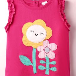 Babyhug Cotton Knit Frill Sleeves With Floral Patch & Embroidery - Dark Pink-image-83