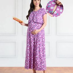 Bella Mama Cotton Knit Half Sleeves Floral Printed Maternity Nursing Nighty With Pocket & Concealed Zipper - Lavender-picture-1