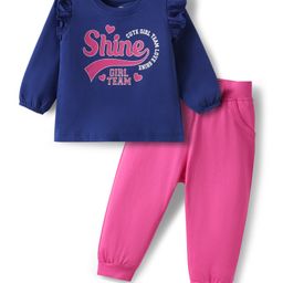 Doodle Poodle 100% Cotton Knit Full Sleeves T-Shirt & Trouser Set With Text Print - Navy Blue & Dark Pink-image-88