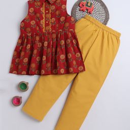 Aww Hunnie 100% Cotton Half Sleeves Jaipuri Floral Motifs Printed Kurta With Pyjama Set - Maroon-image-16