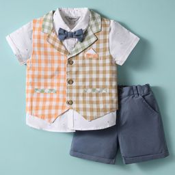 ToffyHouse Poplin Woven Half Sleeves 3 Piece Checkered Party Suit with Bow - Navy Blue-picture-27