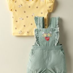 ToffyHouse Corduroy Woven Knit Half Sleeves Inner Tee & Dungaree Set with Honeybee & Floral Print - Yellow & Teal Blue-image-45