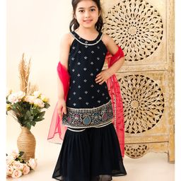 Superminis Georgette Woven Sleeveless Ethnic Foil Motifs Printed Gota lace Embellished Kurta Sharara With Dupatta Set - Navy Blue-image-74