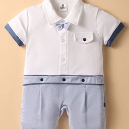 Mini Taurus Interlock Knit Half Sleeves Collared Romper with Stripes & Bow Applique - Navy Blue-image-25