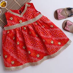 Many frocks & Blended Woven Sleeveless Boti Lace Embellished & Bandhani Printed Ethnic Dress - Red-image-1
