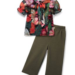 OLLINGTON ST. Georgette Printed Woven Half Sleeves Floral Printed Top & Waffle Pant - Multicolor & Purple-image-4