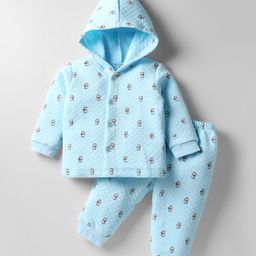 Tango Knit Full Sleeves Front Open Hooded Co-Ord Winter Night Suit With Bear Print - Light Blue-picture-26