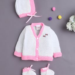 BUMZEE Knit Full Sleeves Cable Knit Design Solid Color Front Open Sweater with Cap & Booties - White & Pink-picture-46
