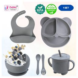 Puchku 6 Pcs Silicone Baby Feeding Set, BPA Free & Microwave Safe Dinner Tableware Kit - Feeding Bowl, Suction Plate, Cup, Spoon, Fork & Bib for Kids ( Pack of 1, Grey)-image-68