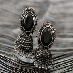 Vientiq Silver-Plated Stones Studded & Beads Beaded Oxidised Dome Shaped Jhumkas-11