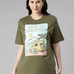 TWIN BIRDS Women Printed Pure Cotton Woven drop shoulder oversized long tee-17