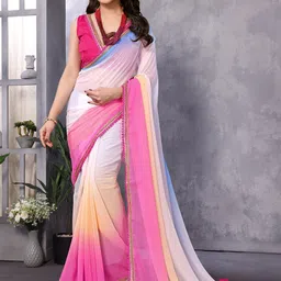 Panzora Colourblocked Beads and Stones Poly Georgette Saree-image-33