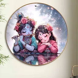 SAF Blue & Pink Krishna & Radha Childhood Bliss Religious Printed Wooden Wall Art-image-25