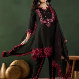 Sangria Black Notch-Neck Mirror Work Chanderi Silk Kurta With Dhoti Pant And Dupatta-10