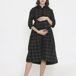 NIGHTSPREE Women Checked Maternity Fit & Flare Midi Dress-image-86