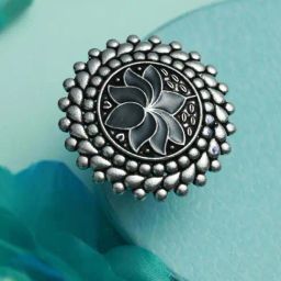Aatmana Oxidized Lotus-Shaped Silver-Plated Adjustable Handcrafted Finger Ring for Women-6