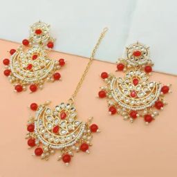 Oomph Red Stones & Kundan Earring & MaangTikka Set-image-15
