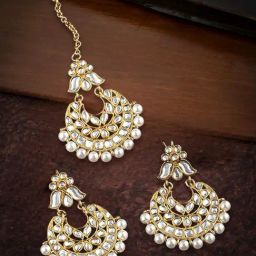 Oomph Gold Jadau Kundan & Pearl Lotus Design Earring & MaangTikka Set-image-10