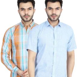 TAHVO Blue & Orange Cotton Slim Fit Shirt Pack of 2-image-5