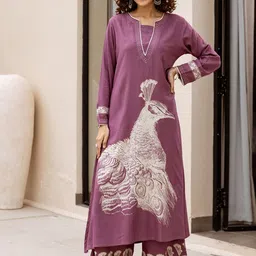 KALINI Animal Printed Notch Neck Aari Work Straight Kurta With Palazzos-picture-30