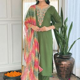 J.KANJI Women Bandhani Yoke Design Regular Thread Work Kurta with Trousers & With Dupatta-picture-1