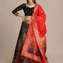 Atsevam Black Woven Pattern Semi-Stitched Lehenga Choli Set With Dupatta-picture-35