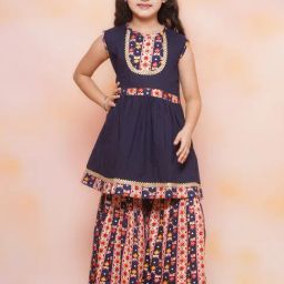 AJ Dezines Kids Navy Floral Print Kurta with Sharara-picture-17