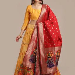 Atsevam Yellow Woven Pattern Semi-Stitched Lehenga Choli Set With Dupatta-picture-48