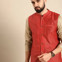 Anouk Men Rust Red Woven Design Nehru Jacket-17
