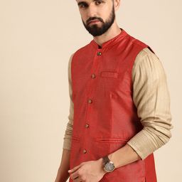 Anouk Men Rust Red Woven Design Nehru Jacket image 4