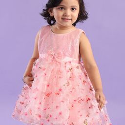 Babyhug Woven Sleeveless 3D Butterfly Fabric Party Frock With Bow & Sequin Embellished - Pink-image-84