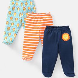 Babyhug Cotton Full Length Bootie Pants Stripes & Lion Print Pack Of 3- Blue & Orange-32