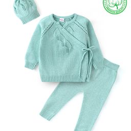 Babyhug Organic Cotton Knit Full Sleeves Sweater Set With Cap - Light Blue-picture-20