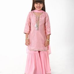 Babyhug Three Fourth Sleeves Sequenced & Embroidered Kurti with Sharara & Dupatta Set - Pink-image-87