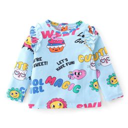 Babyhug 100% Cotton Knit Full Sleeves Cup Cakes Print T-Shirt with Frill Detailing - Blue-image-81