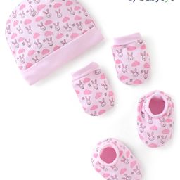 Babyoye Eco Conscious 100 % Cotton Cap Gloves and Mittens Set Bunny Print Pink - Diameter 10.5 cm-16